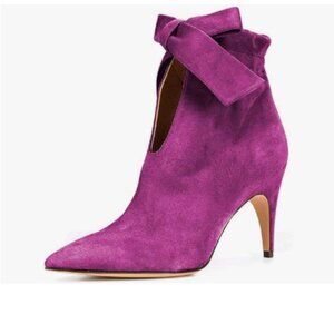 XYD Fuchsia Pointed Toe Ankle Booties Dress Mid Heels Graceful Bow Pull-on Boots